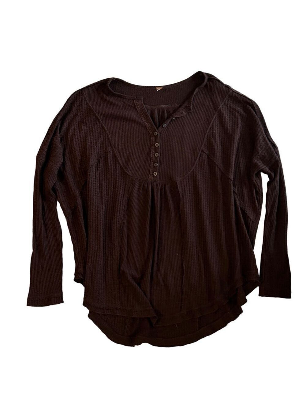 Free People Brown Leo Henley Waffle Knit Oversized Long Sleeve Thermal Top Small